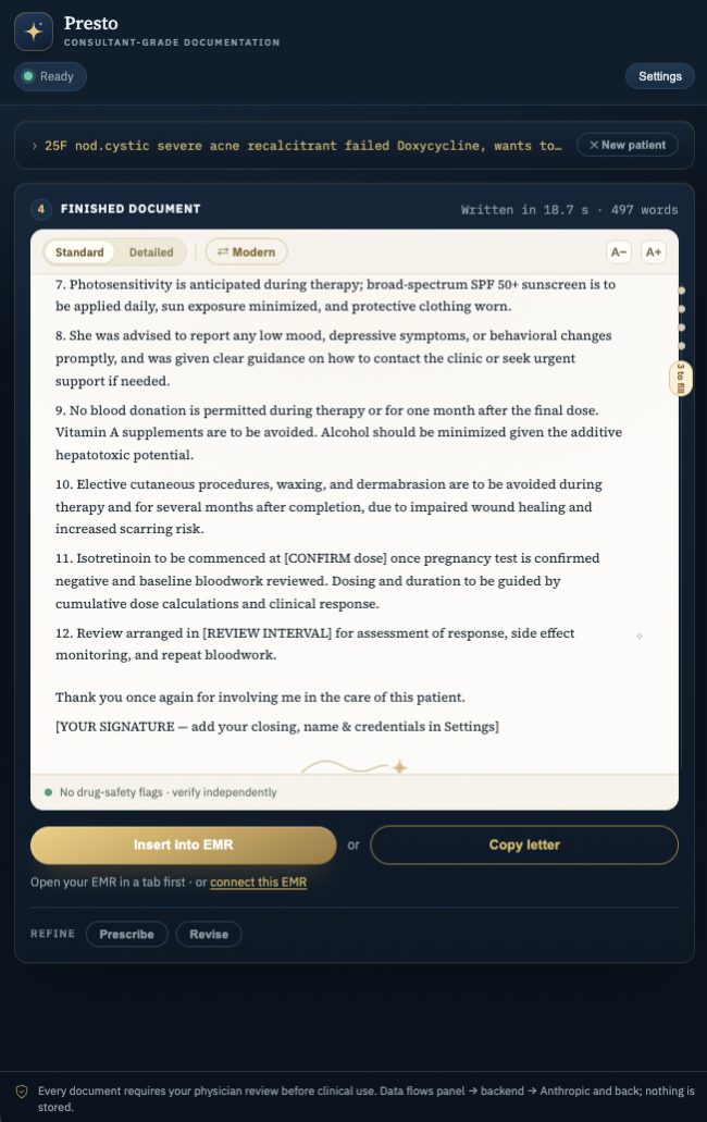 The finished letter in Presto with Insert into EMR and Copy letter