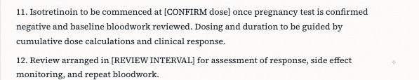Letter excerpt: items 11 and 12 with [CONFIRM dose] and [REVIEW INTERVAL] brackets